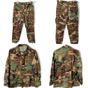 Military Camouflage Lot Of 2 Cargo Pants & Coat W/ Rank Specialty Patches EUC